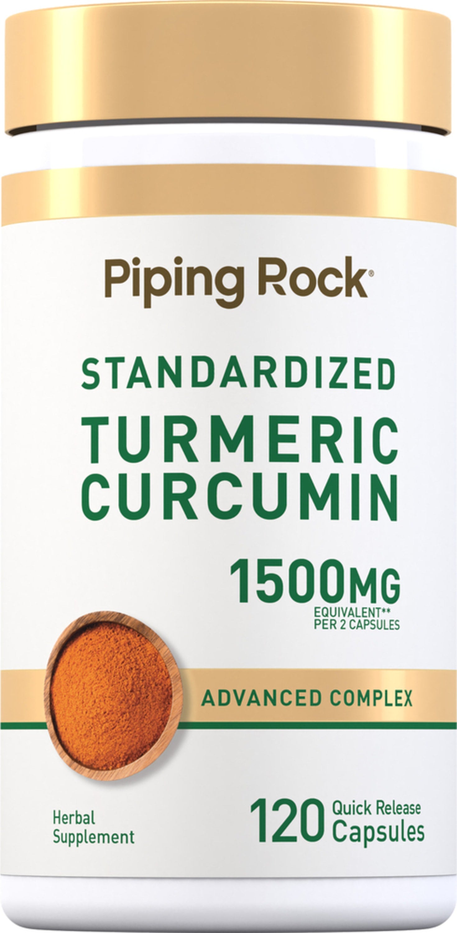 Standardized Turmeric Curcumin 1500mg complex supplement with 120 quick release capsules.