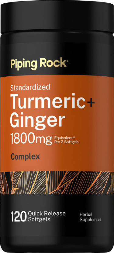 Turmeric Ginger Complex 1800mg per 2 softgels, 120 quick release softgels, herbal supplement.
