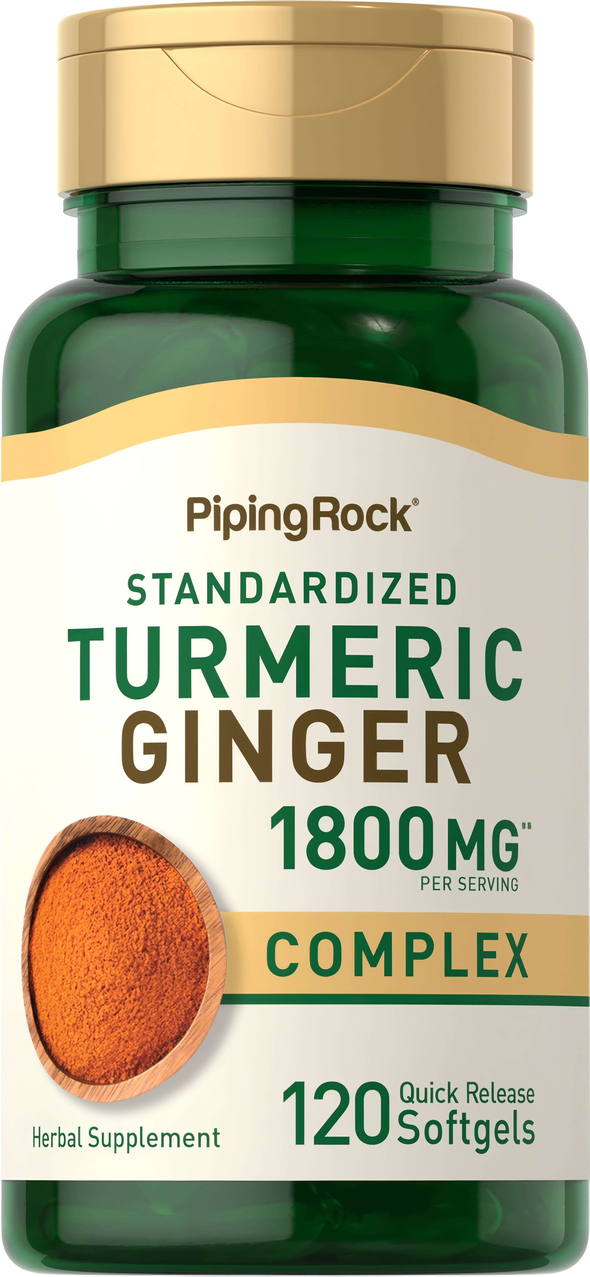 Turmeric Ginger Complex 1800mg per serving, 120 Quick Release Softgels. Herbal supplement bottle.
