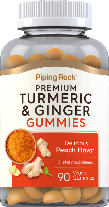 Bottle of 90 Vegan Peach Flavor Turmeric & Ginger Gummies, a dietary supplement for wellness.