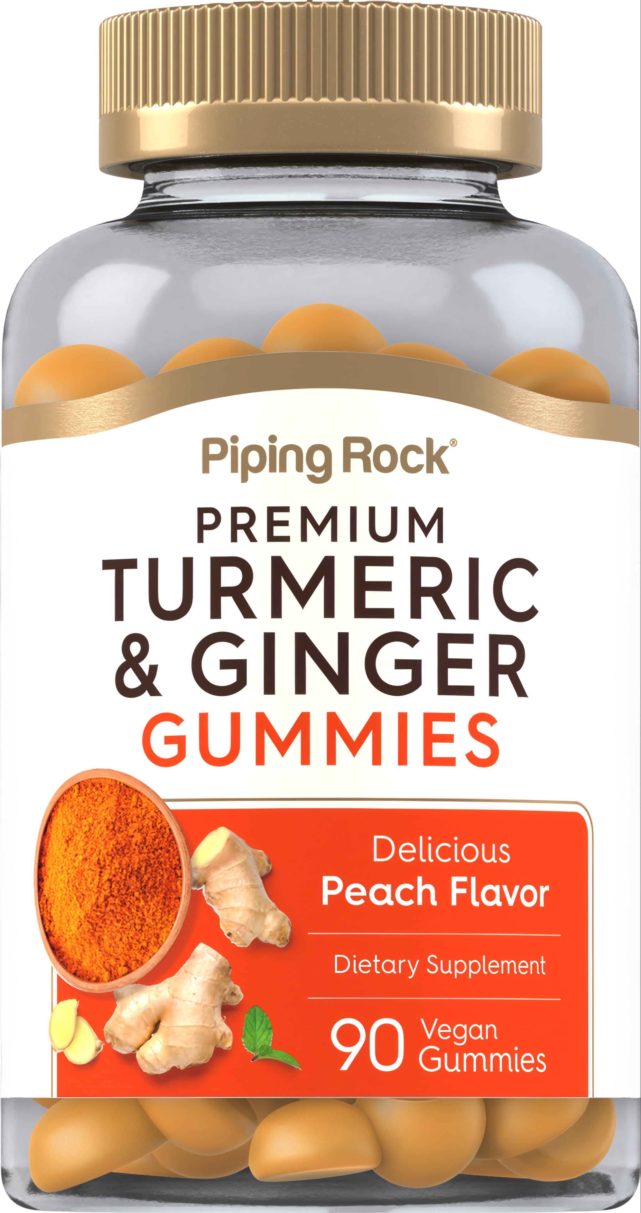 Premium turmeric and ginger gummies with peach flavor, 90 vegan gummies per bottle.