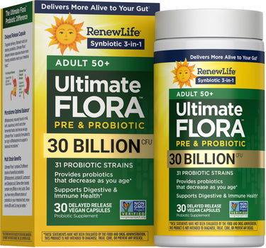 RenewLife Ultimate Flora Adult 50+ Pre & Probiotic with 30 Billion CFU, 30 Delayed Release Vegan Capsules.