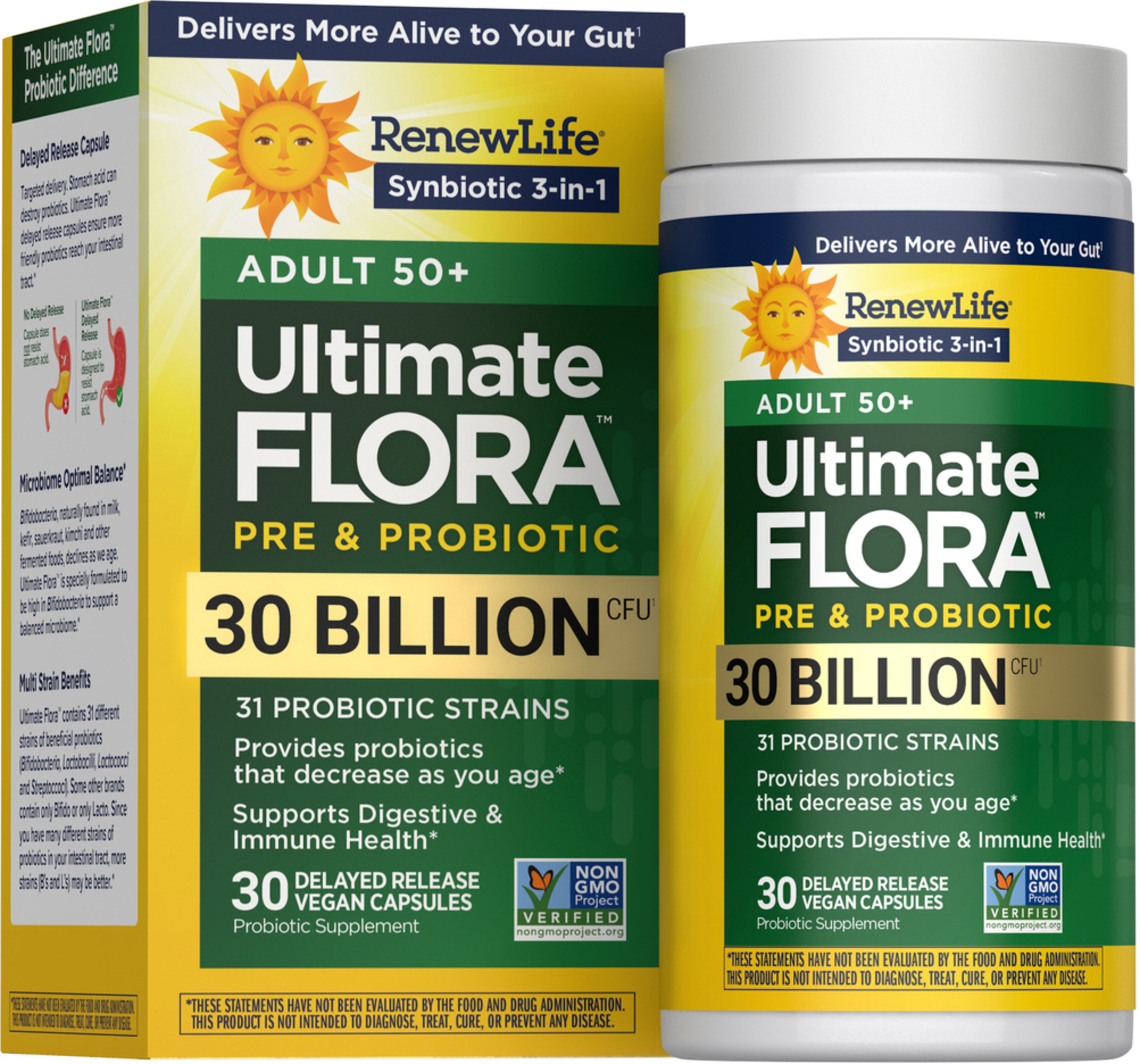 RenewLife Ultimate Flora Adult 50+ Pre & Probiotic with 30 Billion CFU, 30 Delayed Release Vegan Capsules.