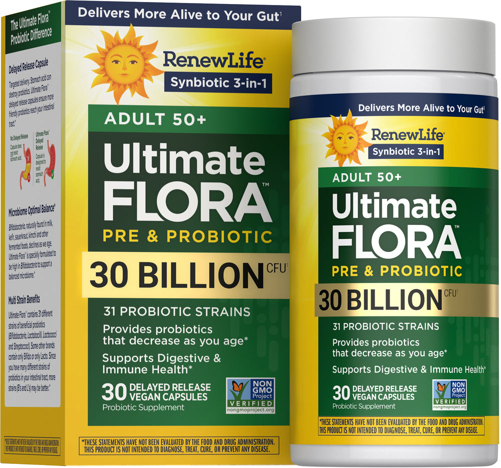 RenewLife Ultimate Flora Adult 50+ Pre & Probiotic, 30 Billion CFU, 30 Delayed Release Vegan Capsules.