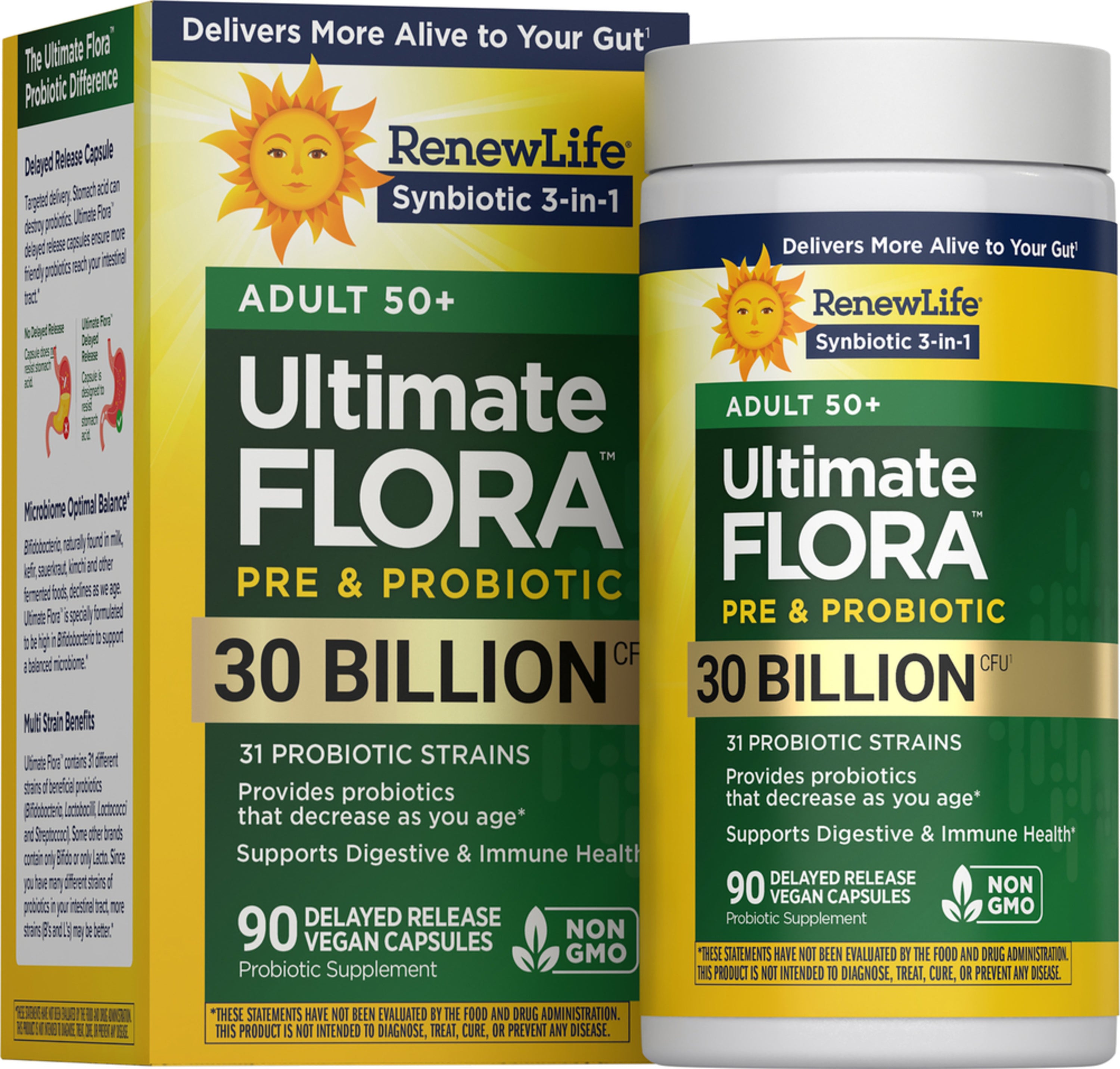 RenewLife Ultimate Flora Adult 50+ Pre & Probiotic with 30 Billion CFU in 90 delayed-release vegan capsules, NON GMO.