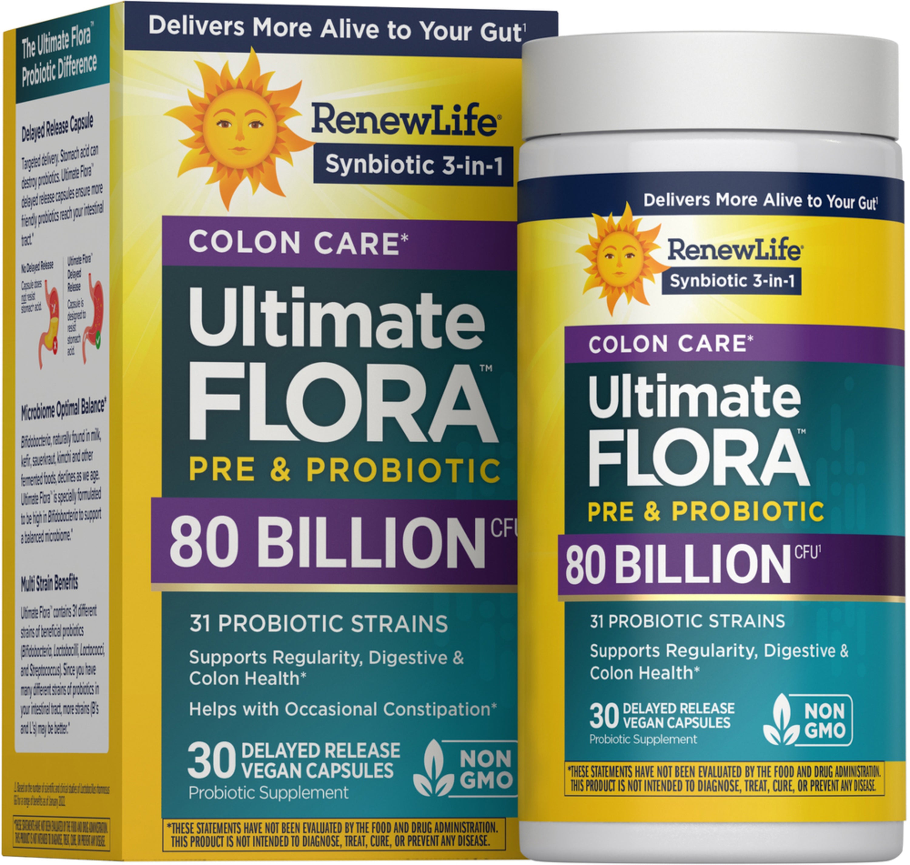 RenewLife Ultimate FLORA PRE & PROBIOTIC COLON CARE Synbiotic 3-in-1, 80 Billion CFU, 30 Delayed Release Vegan Capsules, Non-GMO.