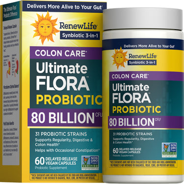 RenewLife Ultimate Flora Colon Care Probiotic with 80 Billion CFU, 60 vegan delayed release capsules.