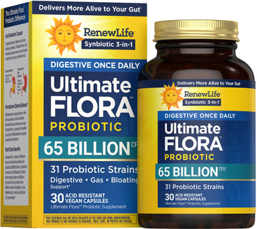 RenewLife Ultimate Flora Probiotic, 65 Billion CFU with 31 strains, offers 30 acid-resistant vegan capsules.