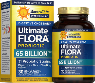 Ultimate FLORA Probiotic with 65 billion CFU and 30 vegan delayed release capsules.