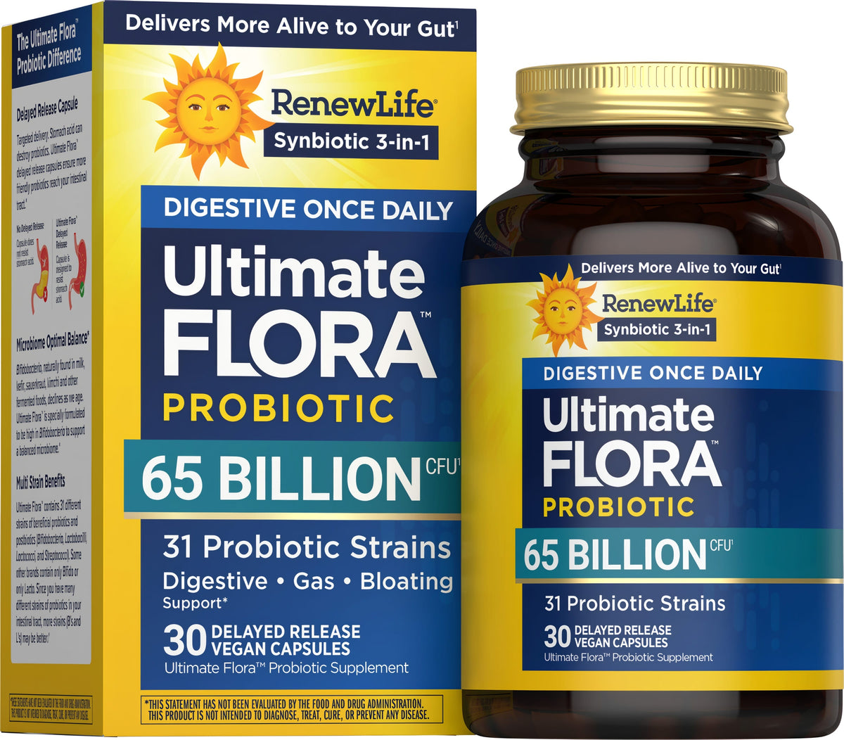 Ultimate FLORA Probiotic with 65 billion CFU and 30 vegan delayed release capsules.