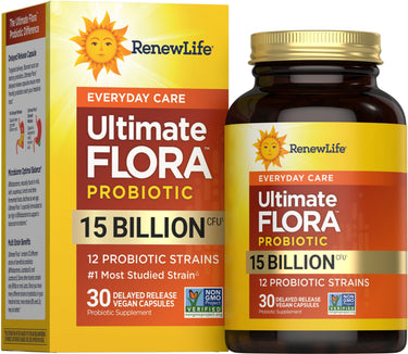 Ultimate Flora Everyday Probiotic with 15 Billion CFU, 12 strains, in 30 delayed release vegan capsules.