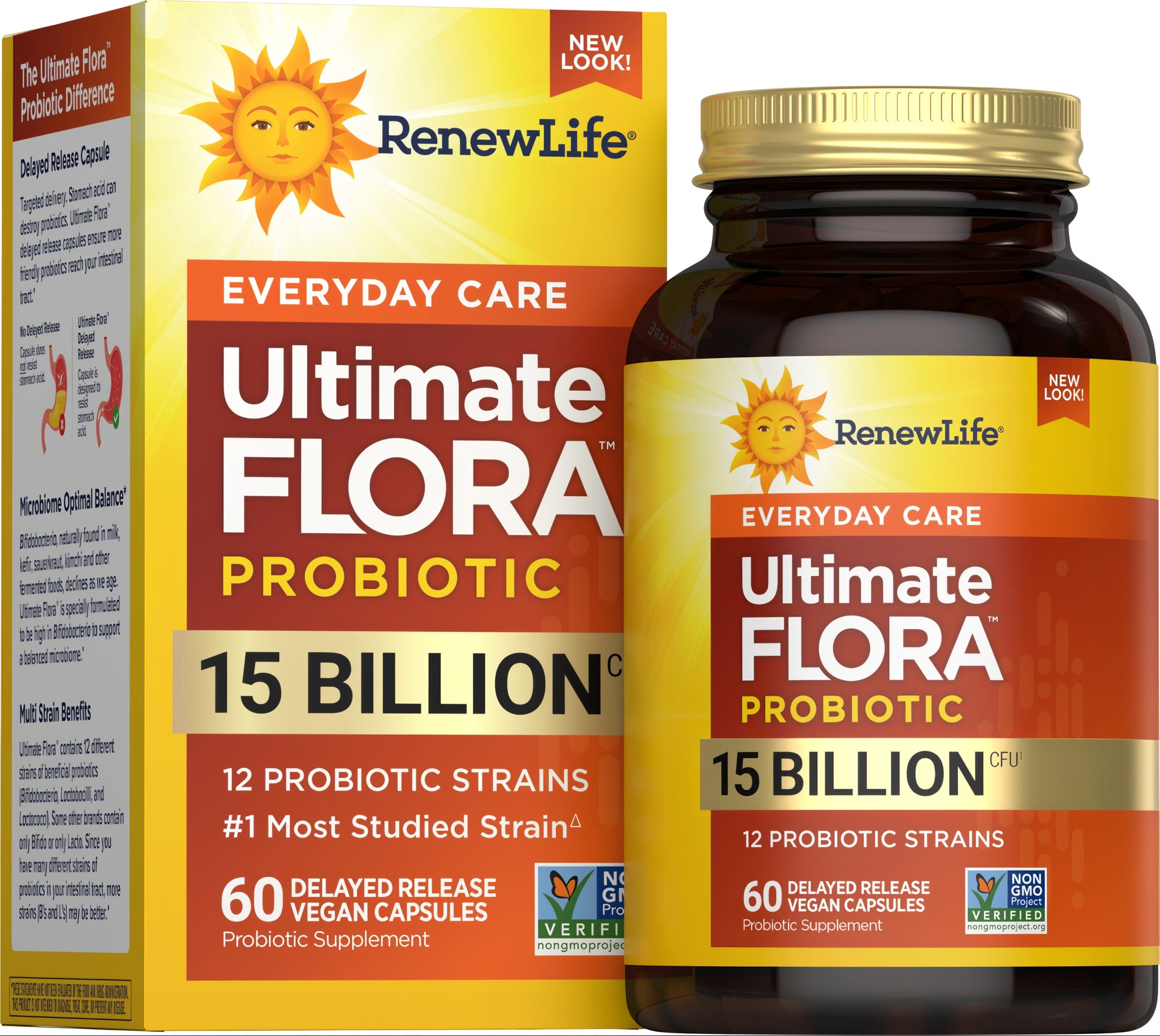 RenewLife Ultimate FLORA Everyday Care Probiotic with 15 Billion CFU in 60 delayed release vegan capsules.