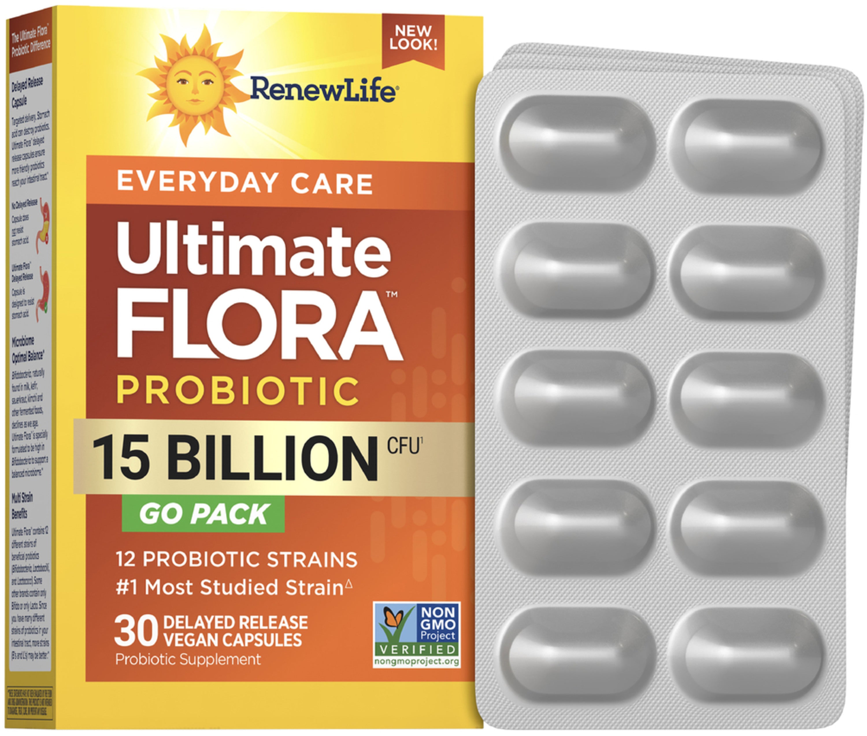Ultimate Flora Everyday Care Probiotic 15 Billion GO PACK, 30 Delayed Release Vegan Caps