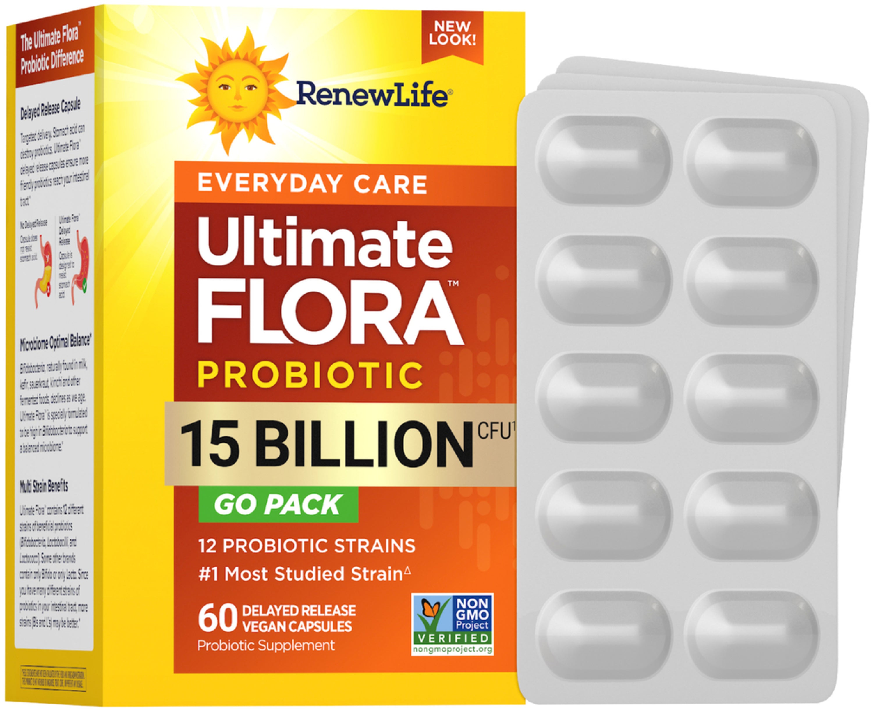 Ultimate Flora Everyday Care Probiotic 15 Billion GO PACK, 60 Delayed Release Vegan Caps