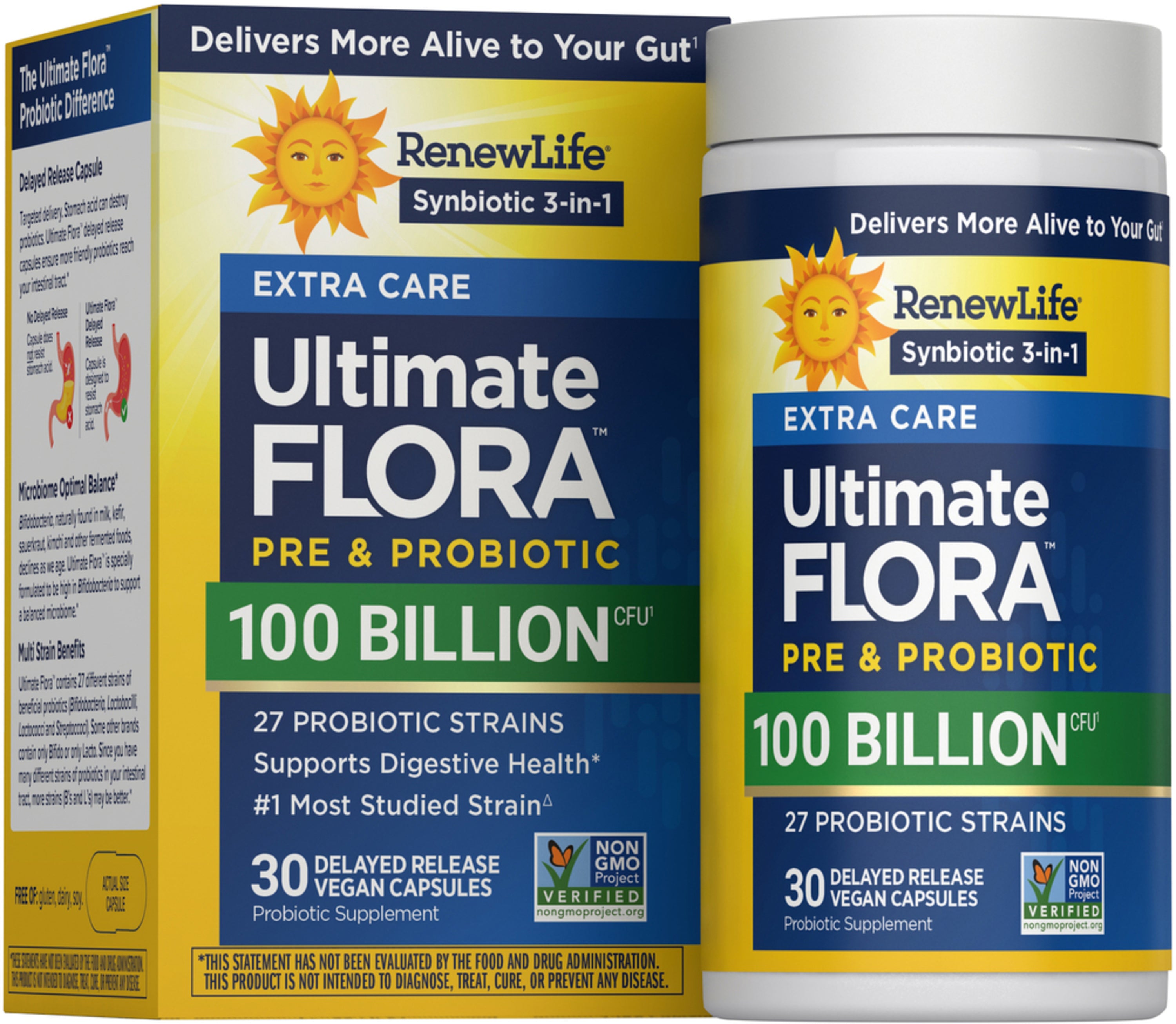 RenewLife Ultimate Flora Pre & Probiotic box and bottle, 100 Billion CFU, 30 Delayed Release Vegan Capsules.