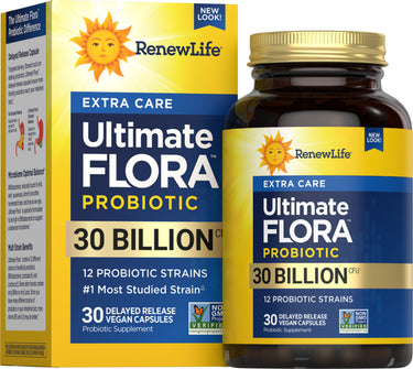 Ultimate Flora Extra Care Probiotic with 30 Billion CFU and 12 strains in 30 vegan capsules, delayed release.