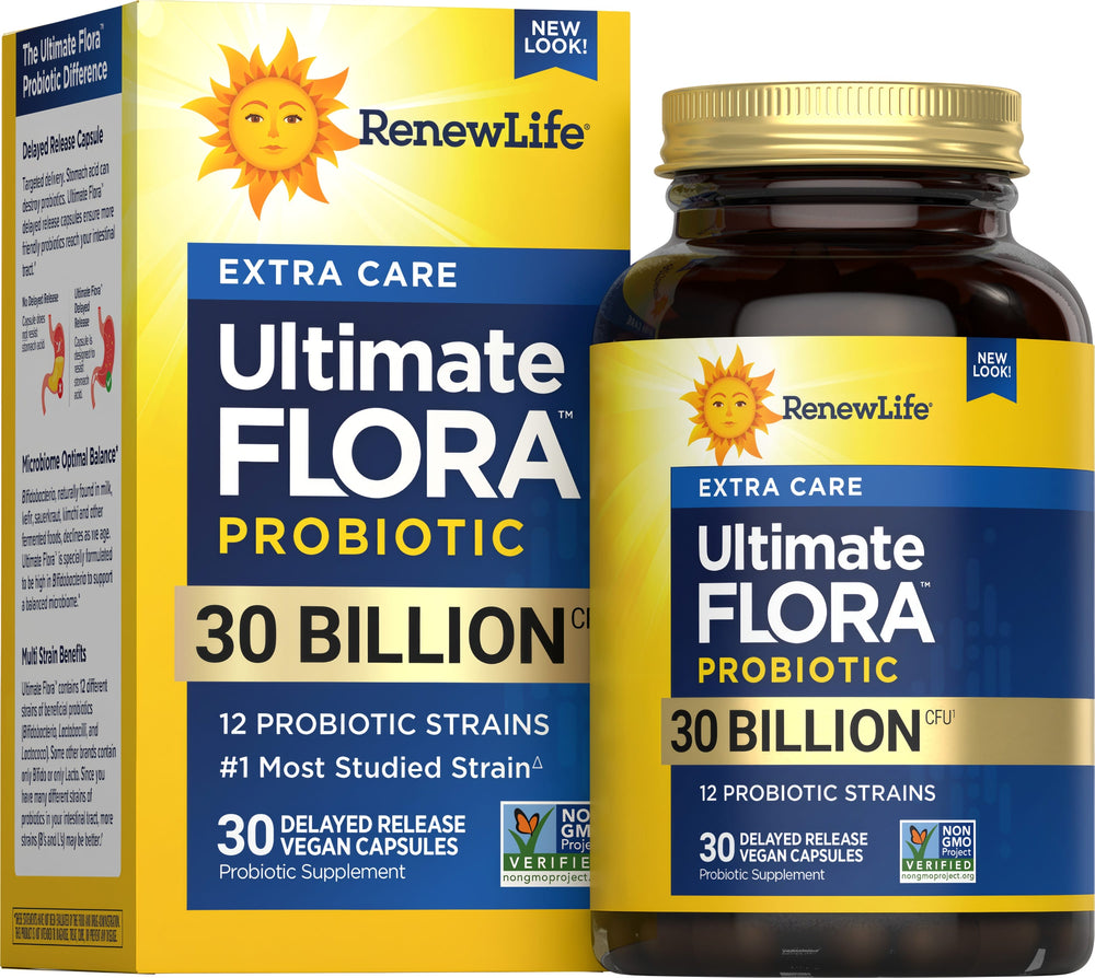 Ultimate Flora Extra Care Probiotic with 30 billion CFU in 30 delayed release vegan capsules.