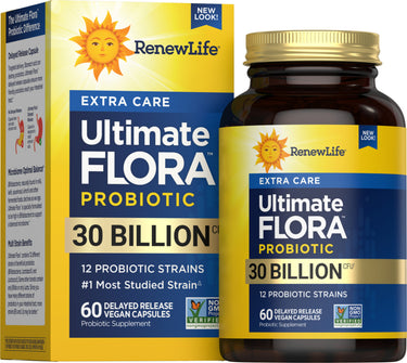 Ultimate Flora Extra Care Digestive 30 Billion 60 Vegan Capsules Probiotic Supplement in a bottle.