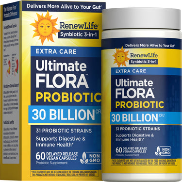 RenewLife Ultimate Flora Extra Care Probiotic with 30 Billion CFU, 60 delayed-release vegan capsules.