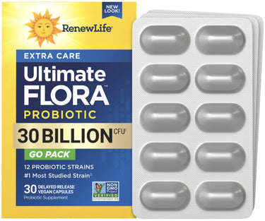 Ultimate Flora Extra Care Probiotic with 30 Billion CFU, 30 Vegan Capsules in blister packs, Delayed Release, Non-GMO.