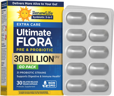 RenewLife Ultimate FLORA PRE & PROBIOTIC Extra Care, 30 Billion CFU, with 30 delayed release vegan capsules in blister pack.