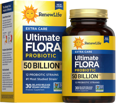 Ultimate FLORA Probiotic EXTRA CARE 50 Billion: 30 delayed-release vegan capsules in box and bottle.
