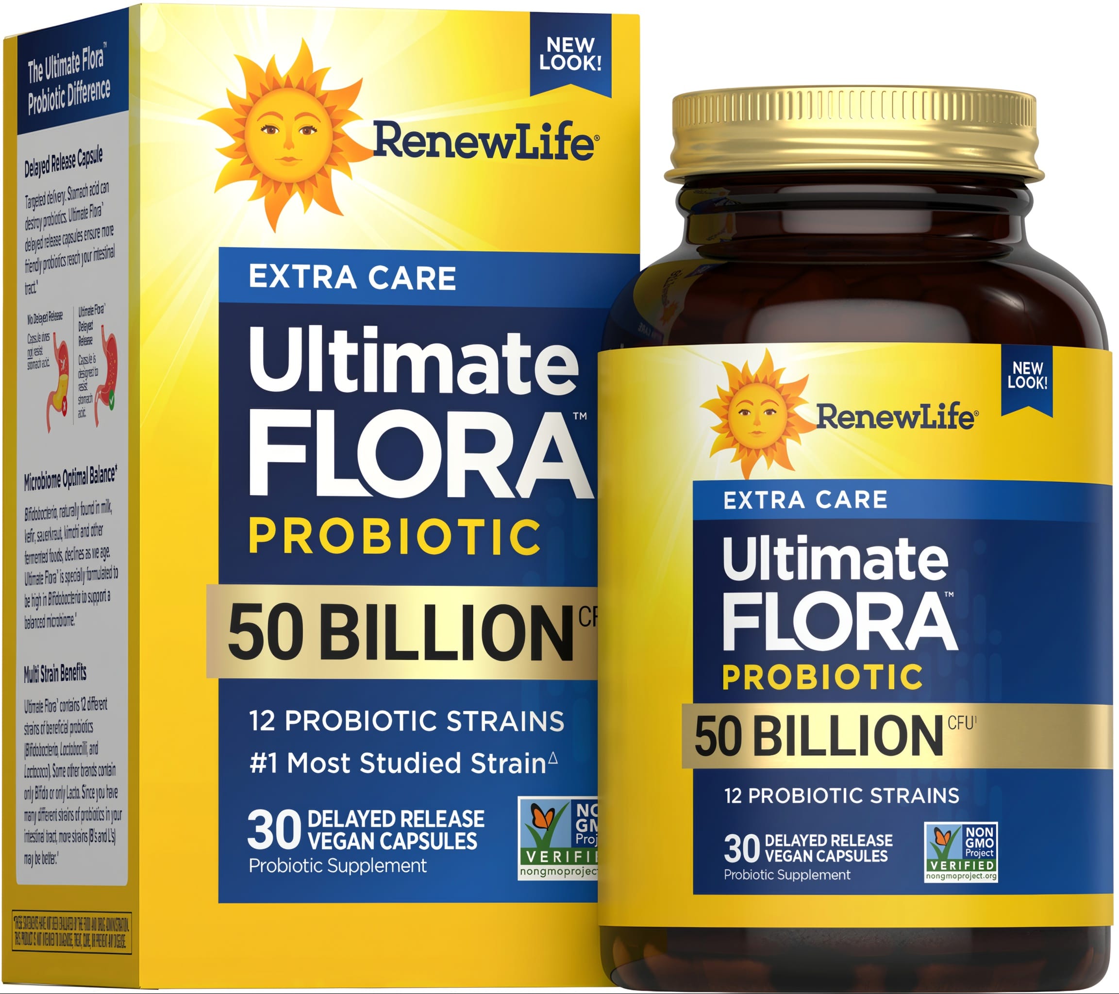 RenewLife Ultimate Flora Extra Care Probiotic offers 50 Billion CFU in 30 vegan capsules for delayed release.