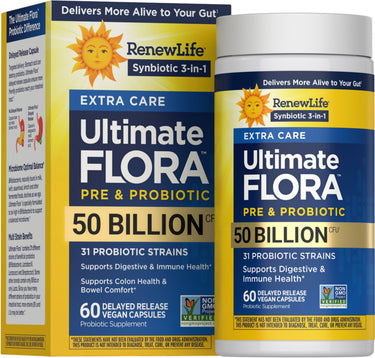 RenewLife Ultimate FLORA PRE & PROBIOTIC EXTRA CARE 50 Billion CFU 60 Delayed Release Vegan Capsules box and bottle.