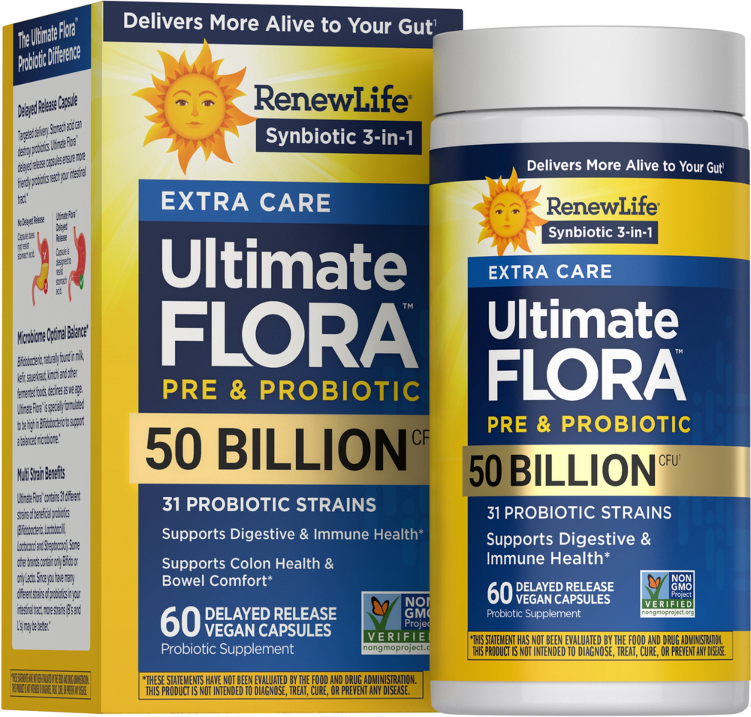RenewLife Ultimate FLORA PRE & PROBIOTIC EXTRA CARE 50 Billion CFU 60 Delayed Release Vegan Capsules box and bottle.