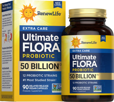 Ultimate Flora Extra Care Probiotic with 50 Billion CFU in 90 delayed release vegan capsules.