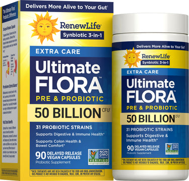 Ultimate FLORA PRE & PROBIOTIC Extra Care 50 Billion CFU in 90 vegan capsules with 31 probiotic strains, delayed release.