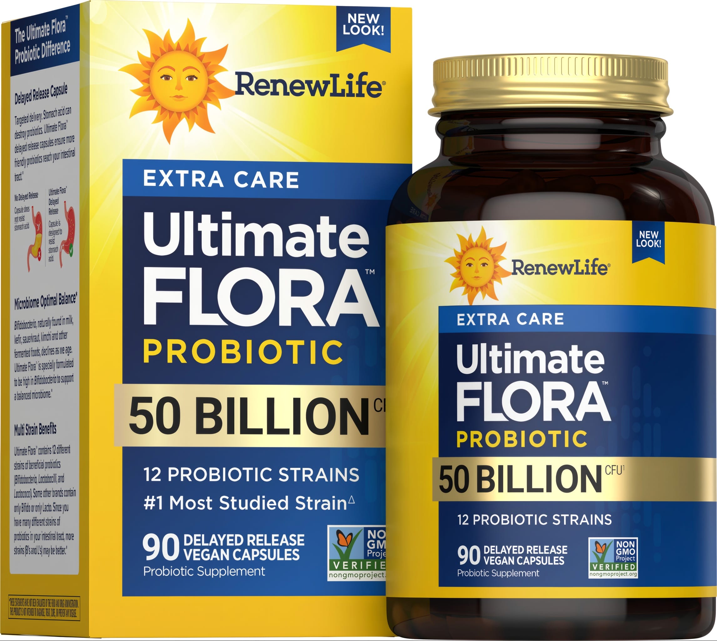 RenewLife Ultimate Flora Probiotic Extra Care 50 Billion CFU, 90 delayed-release vegan capsules. Non-GMO Project verified.
