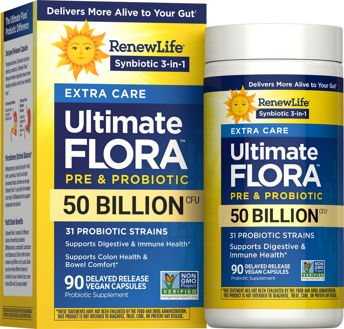 Ultimate FLORA PRE & PROBIOTIC Extra Care 50 Billion CFU in 90 vegan capsules with 31 probiotic strains, delayed release.
