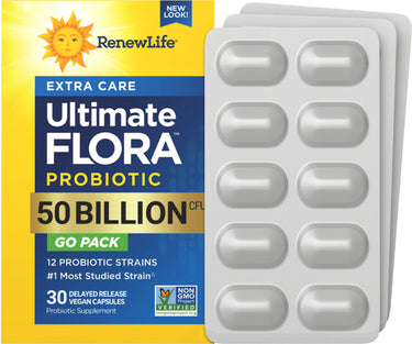 RenewLife Ultimate Flora Extra Care Probiotic 50 Billion GO PACK with 30 delayed release vegan capsules in blister packs.