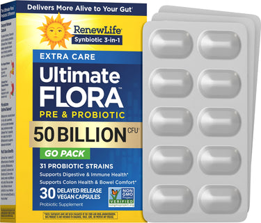 RenewLife Ultimate FLORA Extra Care Pre & Probiotic 50 Billion CFU GO PACK, with 30 delayed release vegan capsules.