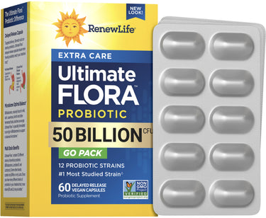 RenewLife Ultimate FLORA Probiotic Extra Care 50 Billion CFU 60 Vegan Capsules, delayed release, with blister pack.