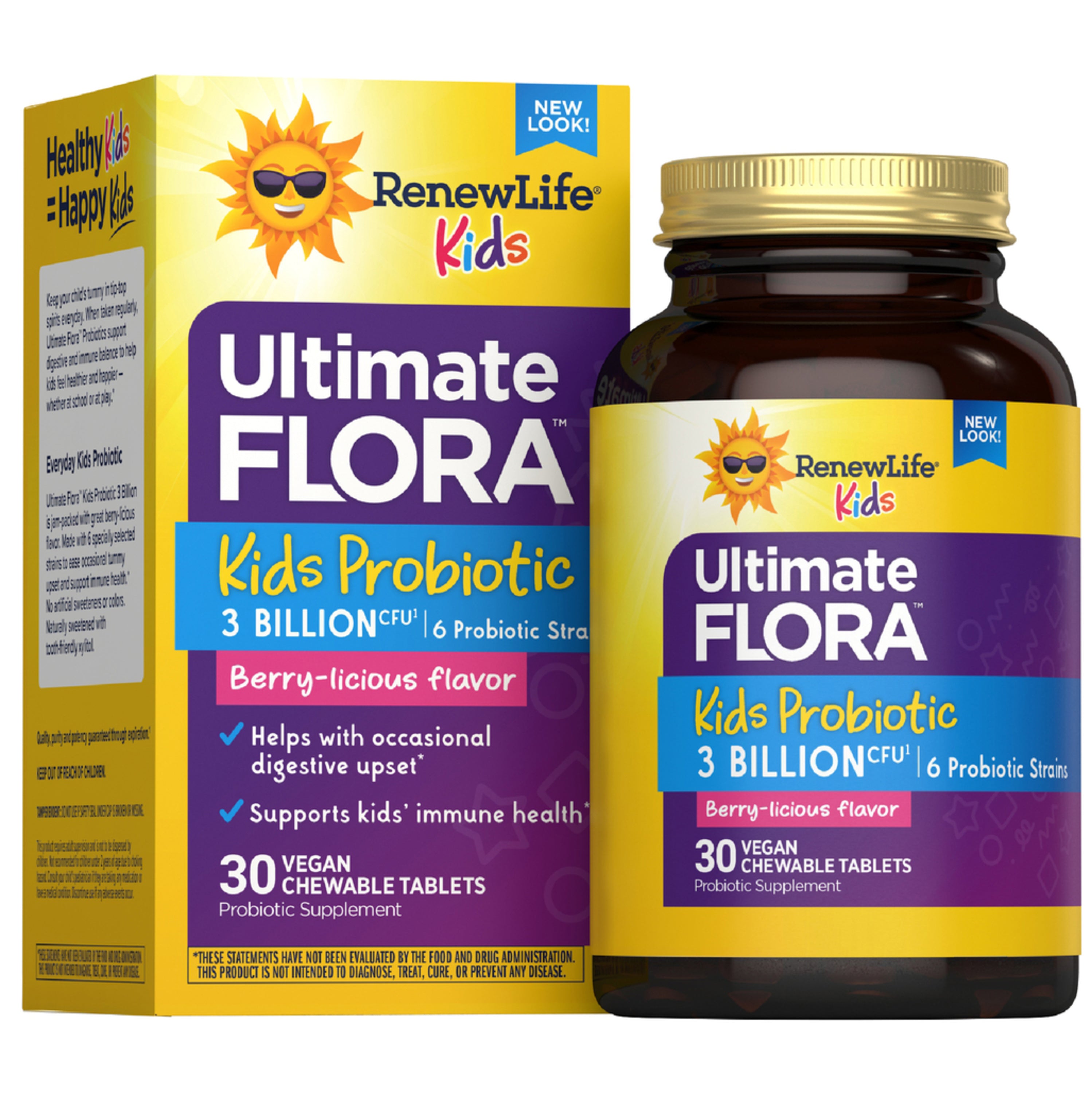 RenewLife Kids Ultimate FLORA Kids Probiotic, Berry-licious flavor, 3 Billion CFU, 30 Vegan Chewable Tablets.