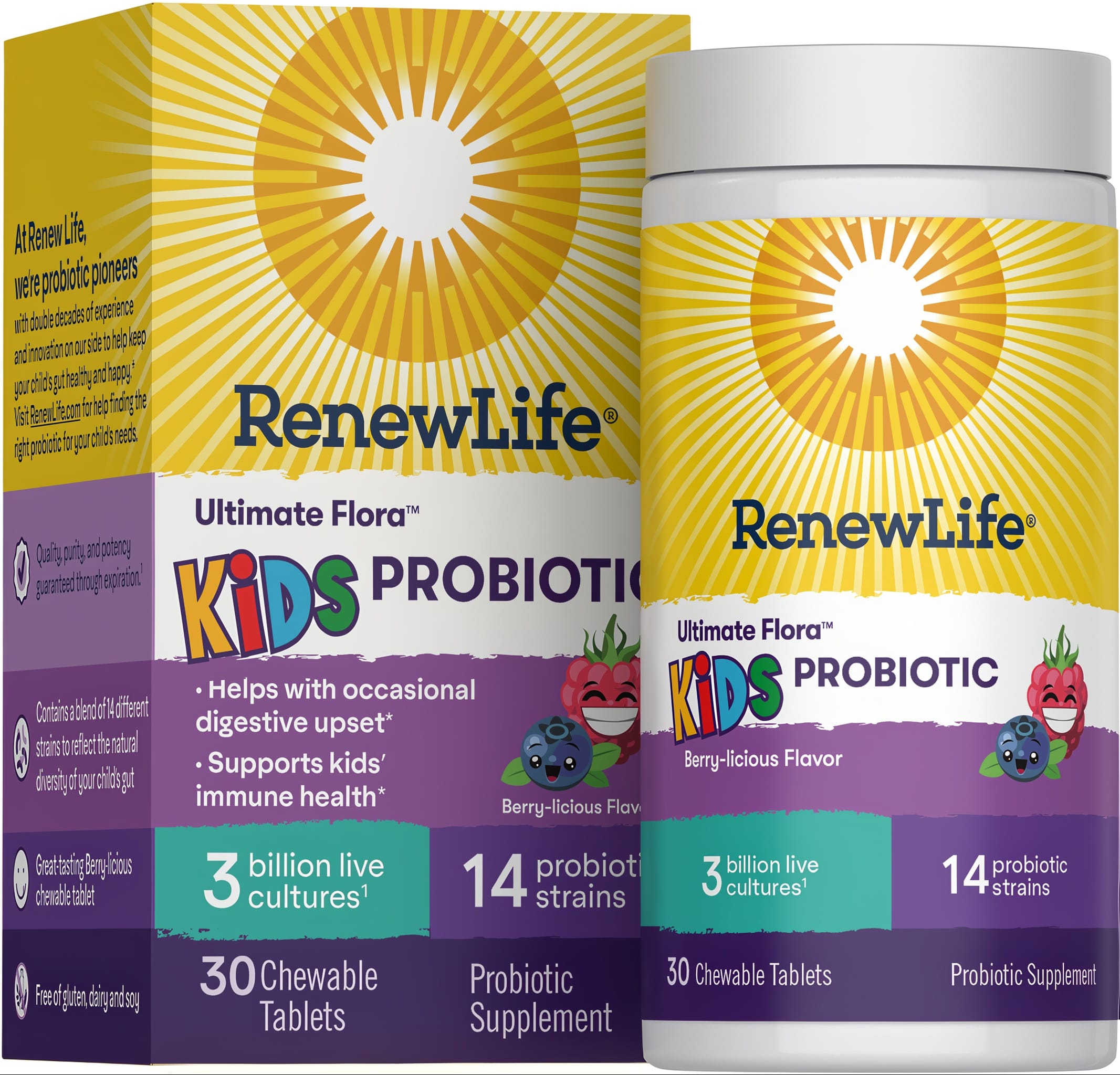 RenewLife Ultimate Flora Kids Probiotic Berry-licious Flavor, 3 billion live cultures, 14 probiotic strains, 30 Chewable Tablets.
