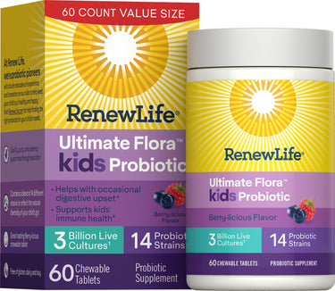 RenewLife Ultimate Flora kids Probiotic offers 3 billion live cultures and 14 strains in 60 chewable berry-licious tablets.