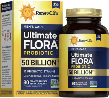 Box and bottle of MEN'S CARE Ultimate FLORA PROBIOTIC, 50 BILLION CFU, 30 delayed release vegan capsules.
