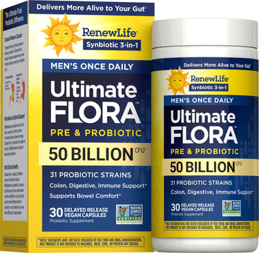 RenewLife Ultimate Flora Men's Once Daily Pre & Probiotic with 50 Billion CFU, 30 delayed release vegan capsules.