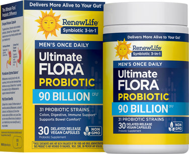 Ultimate FLORA PROBIOTIC Men's Once Daily with 90 Billion CFU, 31 strains, and 30 delayed-release vegan capsules.