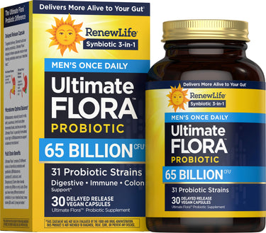 RenewLife Ultimate Flora Probiotic Men's Once Daily, 65 Billion CFU, 31 strains, 30 delayed-release vegan capsules.