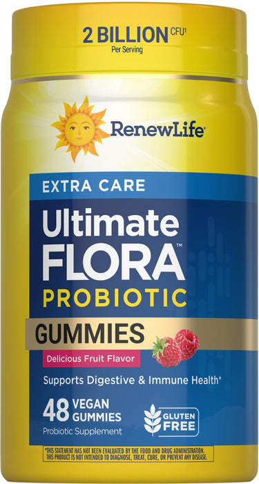 RenewLife Ultimate Flora Extra Care Probiotic Gummies with 2 Billion CFU, offering 48 vegan and gluten-free gummies.