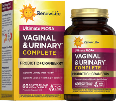 RenewLife Ultimate Flora Probiotic with Cranberry, 60 Vegan Capsules, Delayed Release, Non-GMO for Vaginal & Urinary Health.