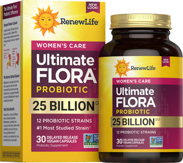 Ultimate Flora Women's Care Probiotic with 25 Billion CFU, featuring 30 delayed-release vegan capsules.