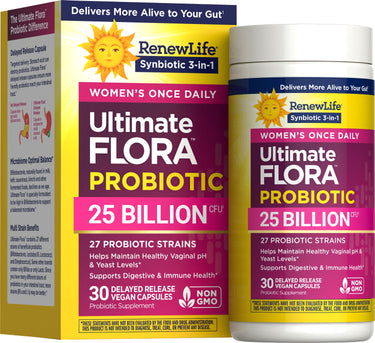 Ultimate FLORA Probiotic Women's Once Daily includes 25 Billion CFU in 30 vegan, delayed-release, non-GMO capsules.
