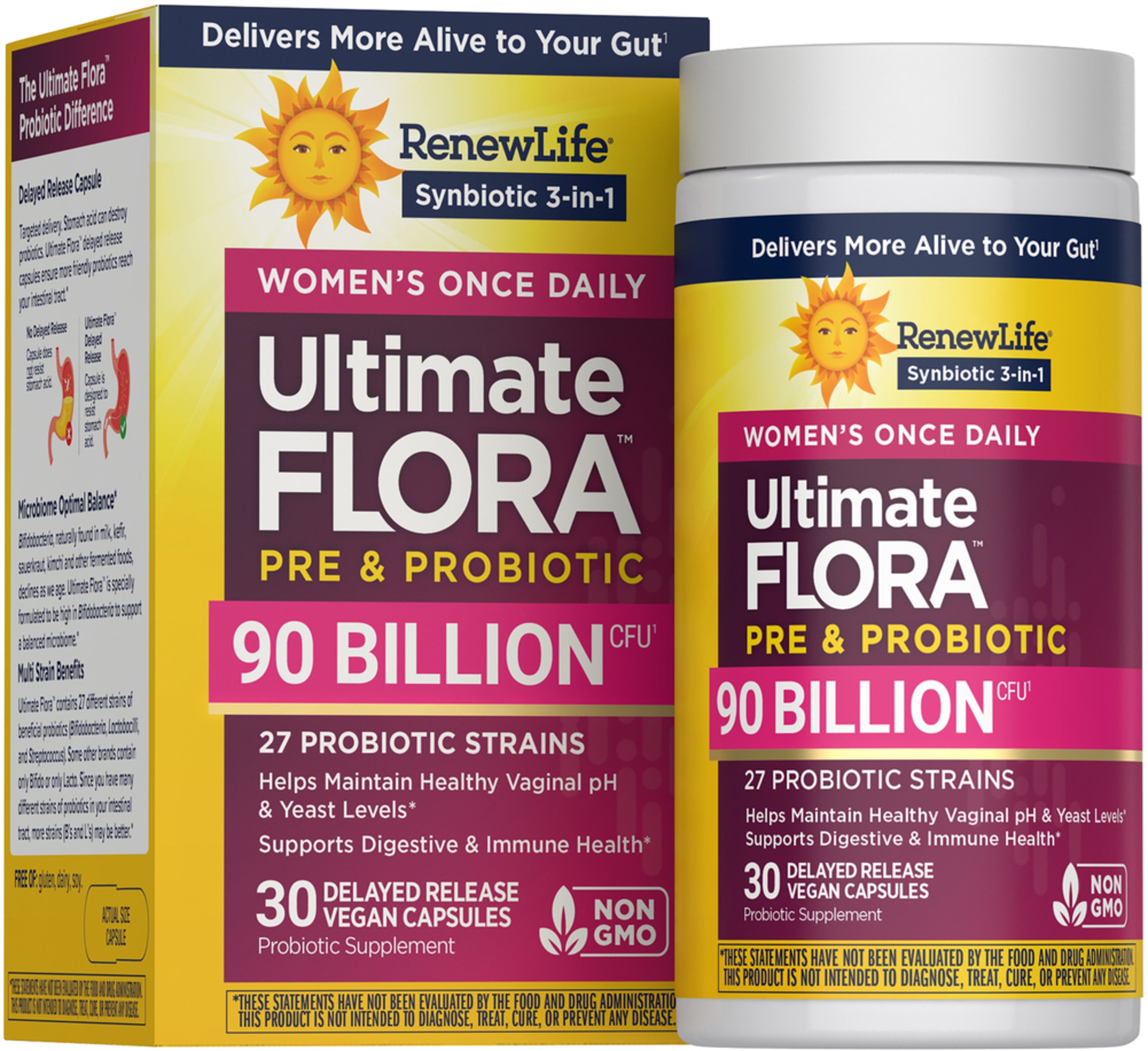 RenewLife Ultimate FLORA Women's Once Daily Pre & Probiotic 90 Billion CFU, 30 Delayed Release Vegan Capsules shown.