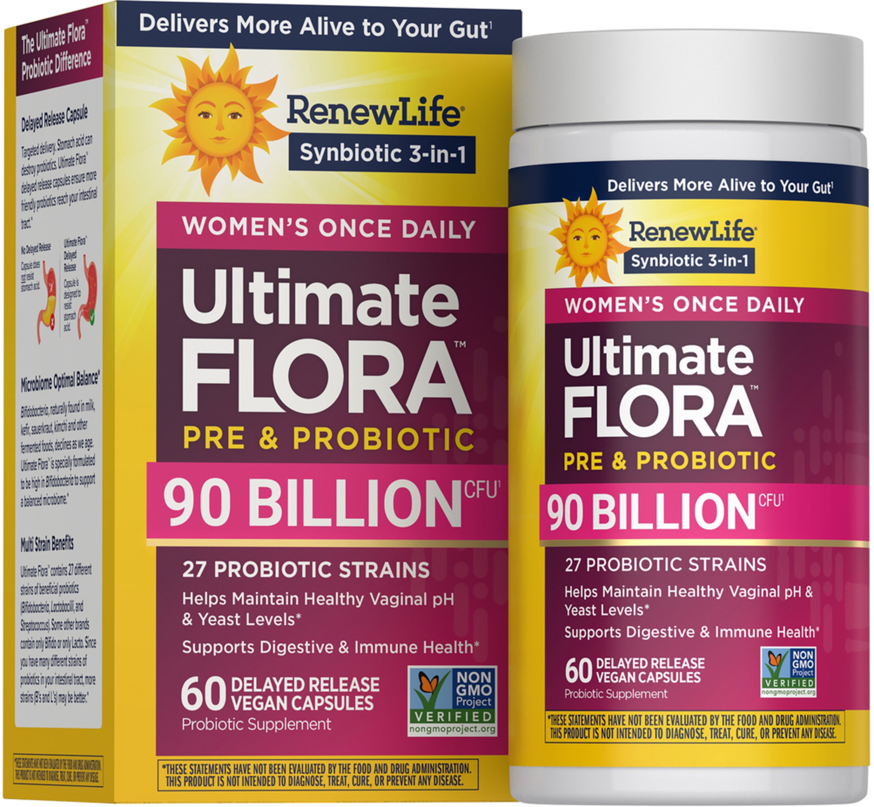 RenewLife Ultimate Flora Women's Once Daily Pre & Probiotic with 90 Billion CFU, in 60 delayed-release vegan capsules.