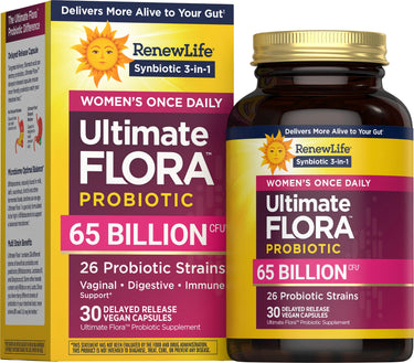 Women's Once Daily Ultimate FLORA PROBIOTIC with 65 BILLION CFU, 26 strains, in 30 delayed release vegan capsules.